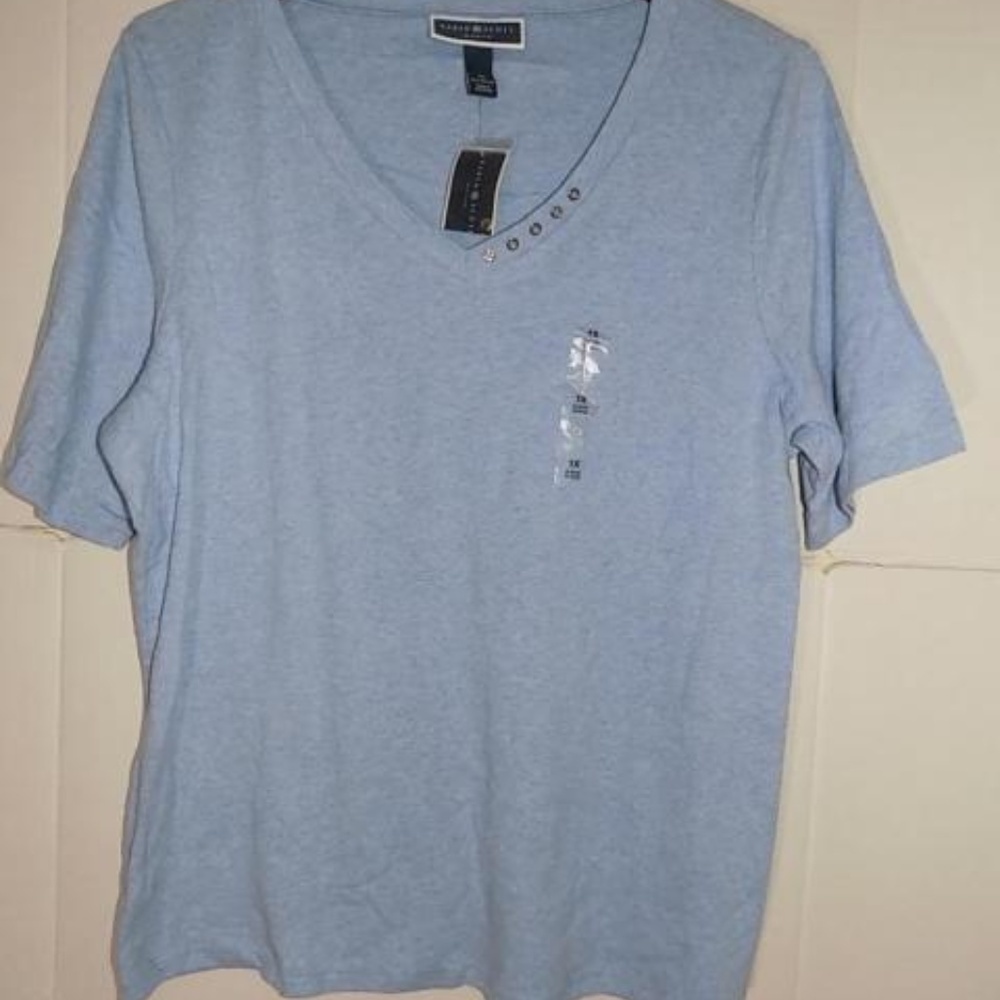 Karen Scott Blue V-neck Tee with Button Detail - Picture 2 of 5